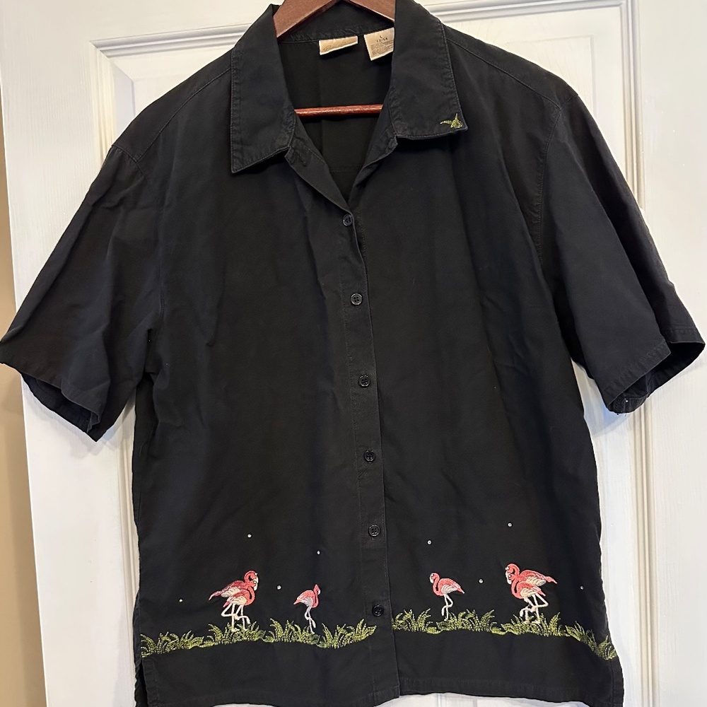 Bobbie Brooks Women's Cotton Short Sleeve Black Top Pink Flamingoes Size L EUC
